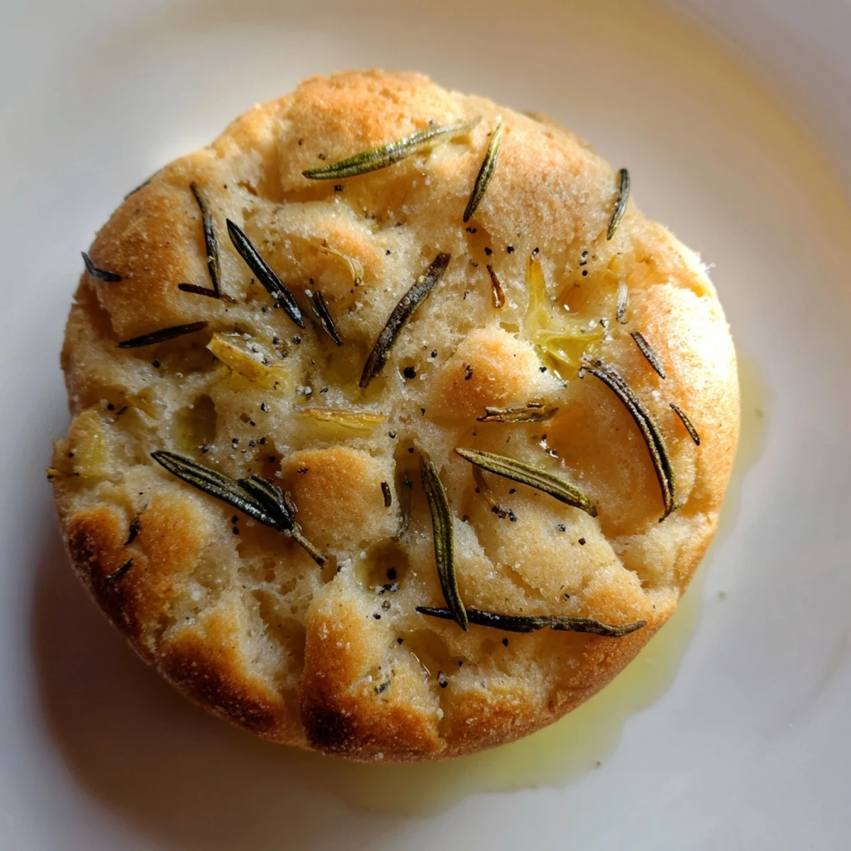 Golden garlic rosemary focaccia muffins topped with olive oil and fresh herbs on rustic board