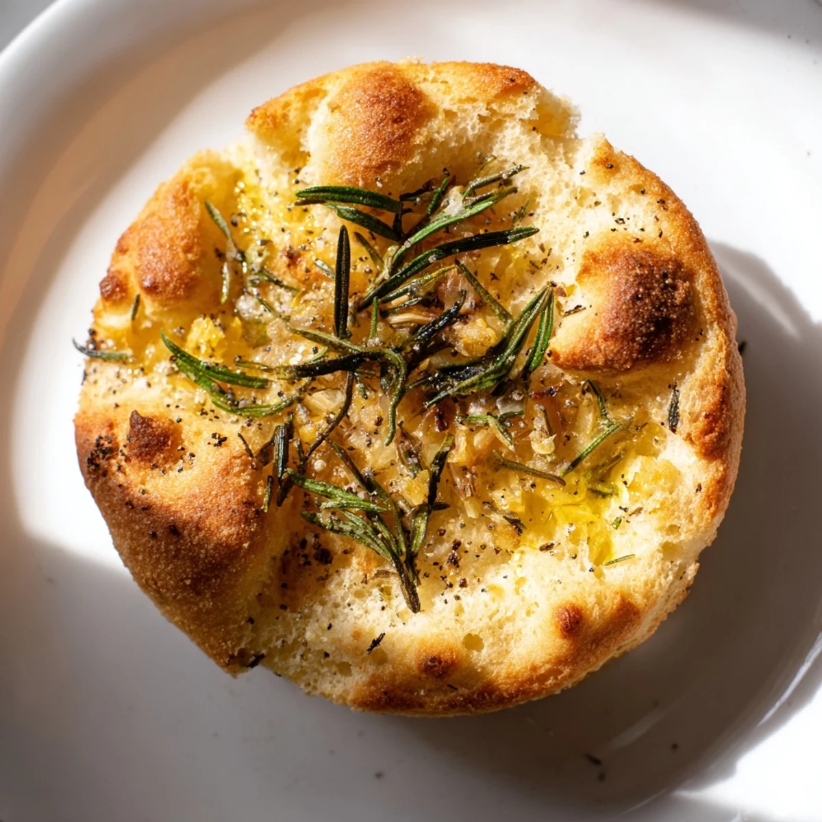 Warm garlic rosemary focaccia muffins with crispy edges served in a cast iron skillet