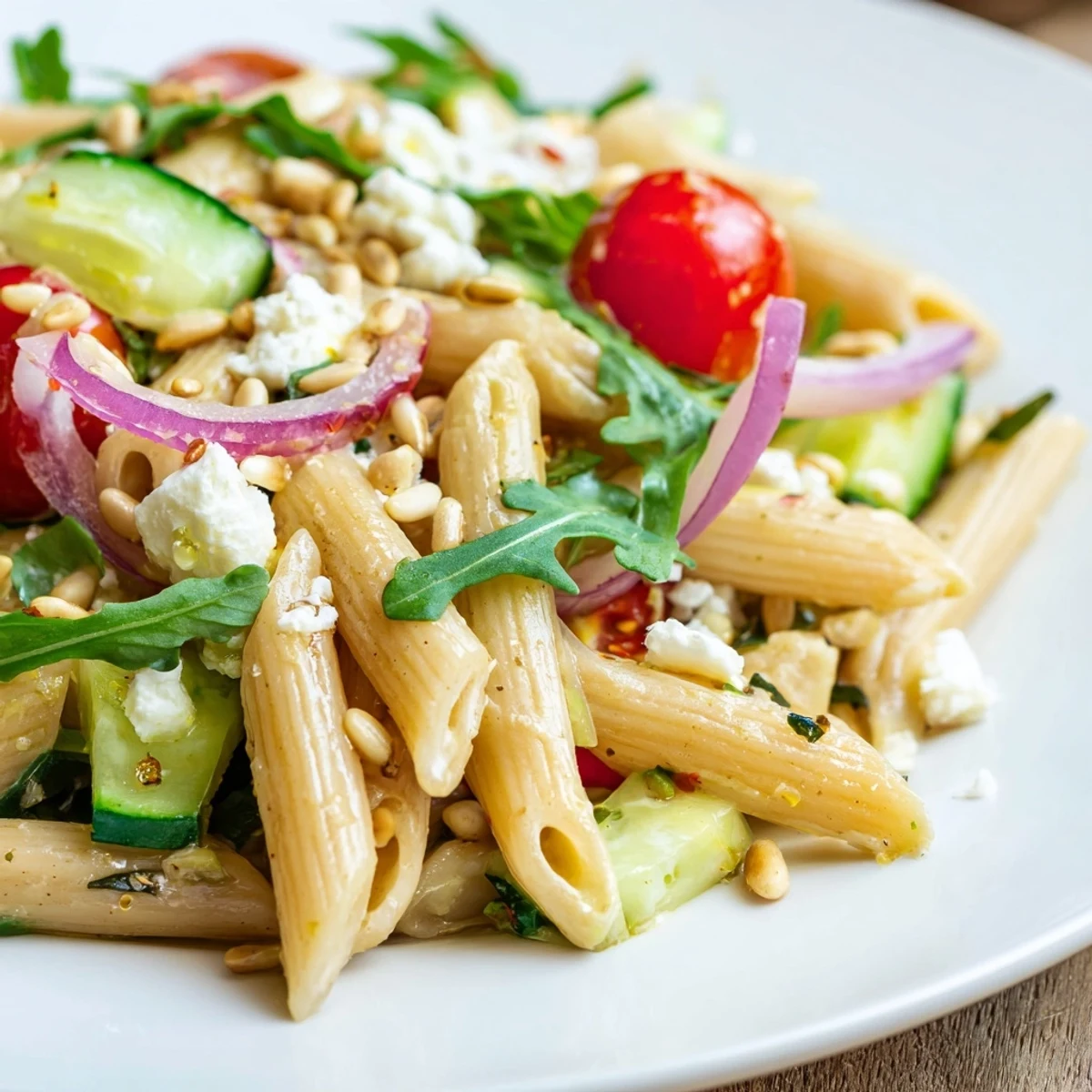 Quick lemon arugula pasta salad tossed with juicy tomatoes and crisp cucumber