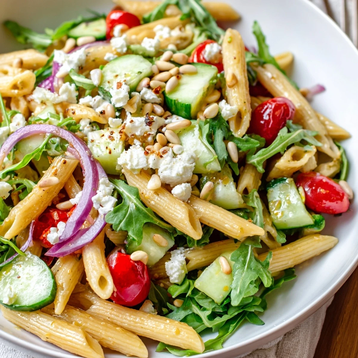 Zesty quick lemon arugula pasta salad in a bowl with crumbled feta