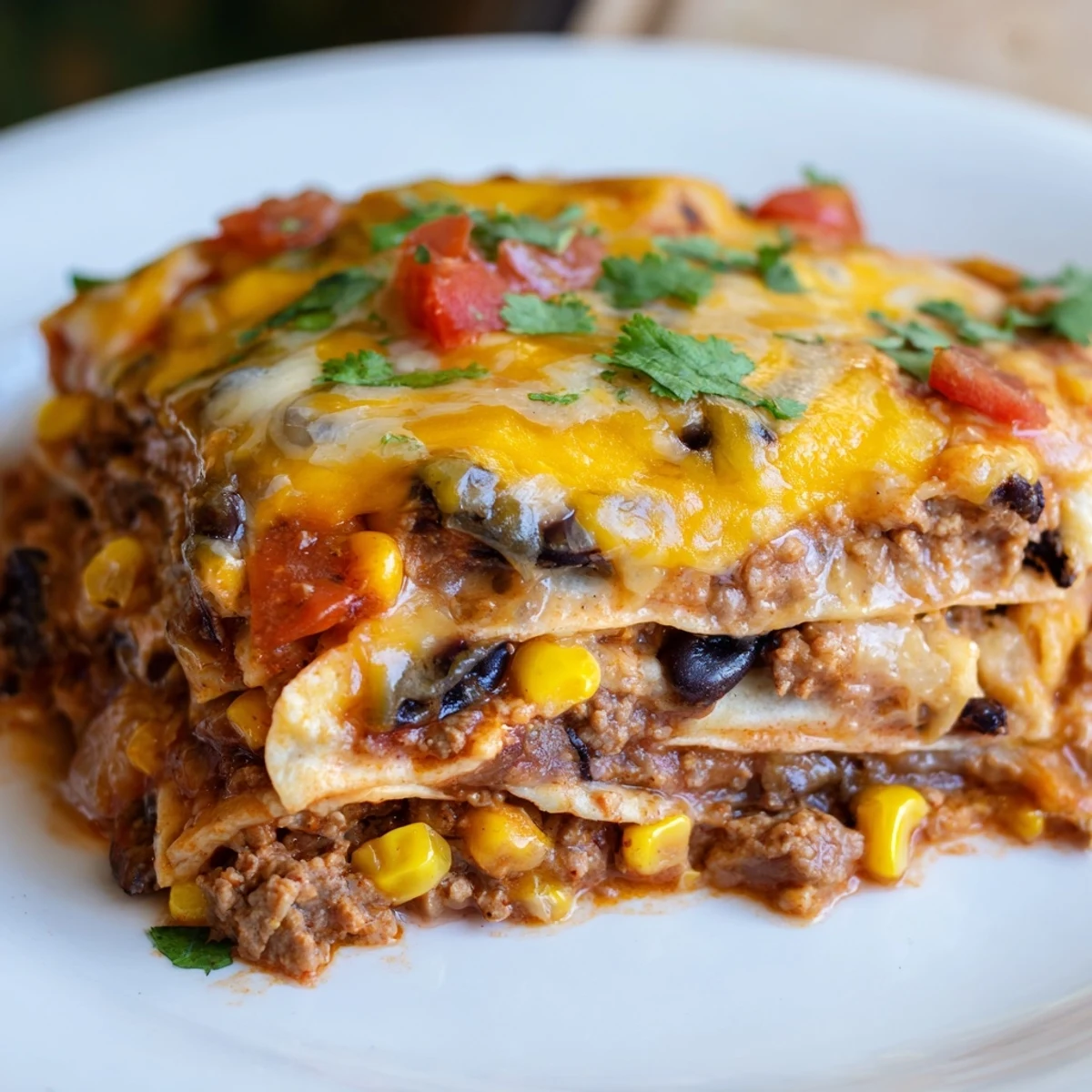 Golden bubbling baked beef enchilada casserole with melted cheese and rich red sauce