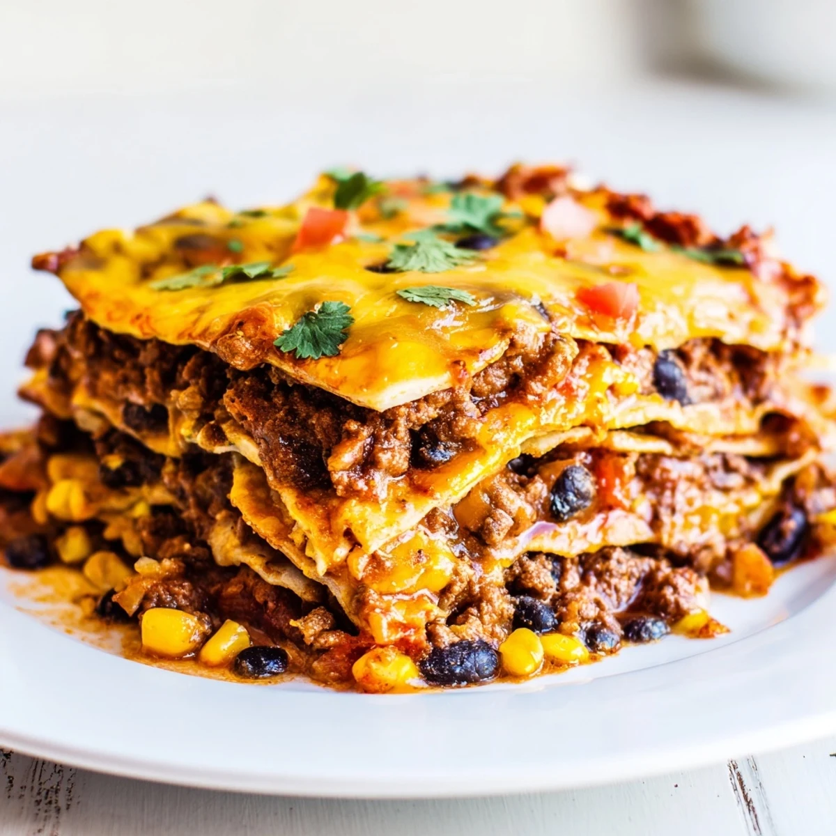 Layered baked beef enchilada casserole topped with gooey cheddar and fresh cilantro garnish
