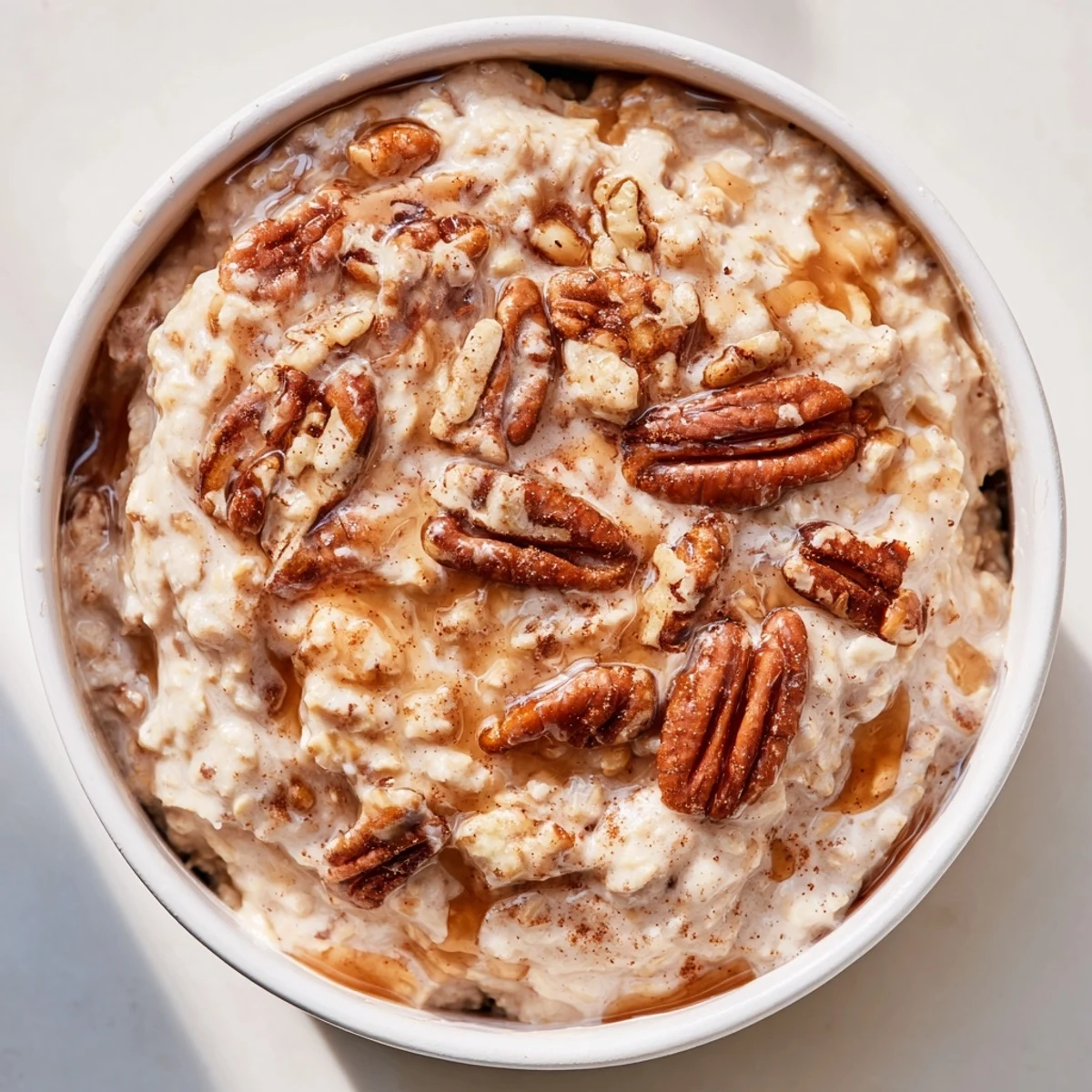 Creamy maple cinnamon pecan overnight oats topped with crunchy nuts in a glass jar