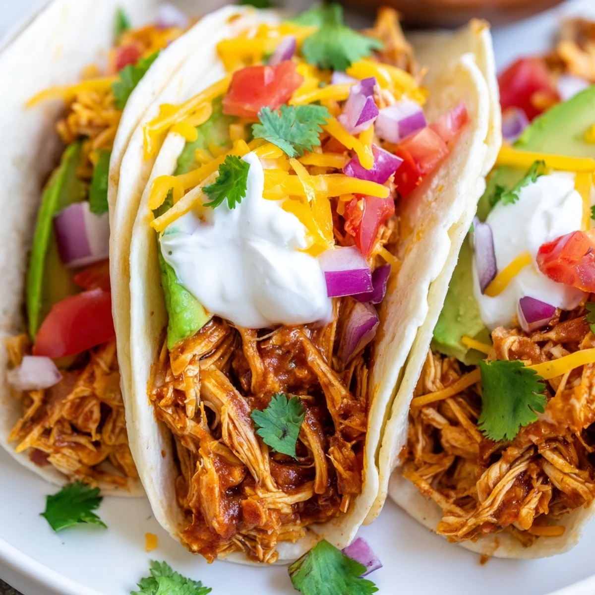 Slow Cooker Shredded Chicken Tacos loaded with fresh lettuce, tomatoes, and creamy avocado topping