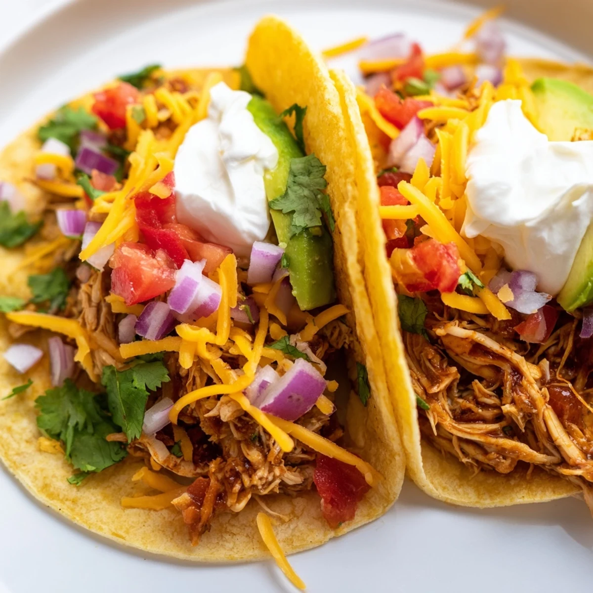 Tender Slow Cooker Shredded Chicken Tacos in crispy corn shells with melted cheese and cilantro