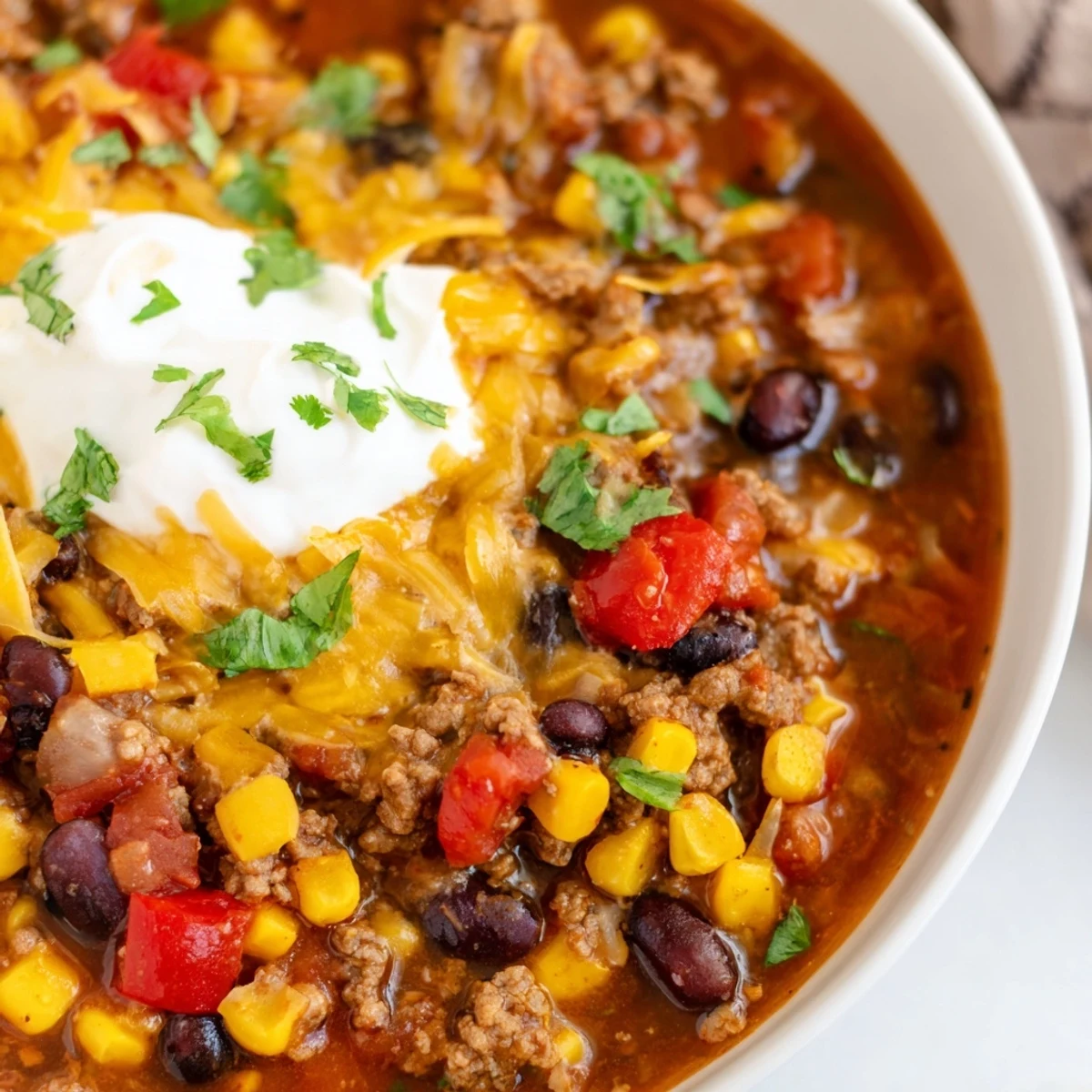 Steaming bowl of Crockpot Ground Beef Taco Soup topped with melted cheese and tortilla chips