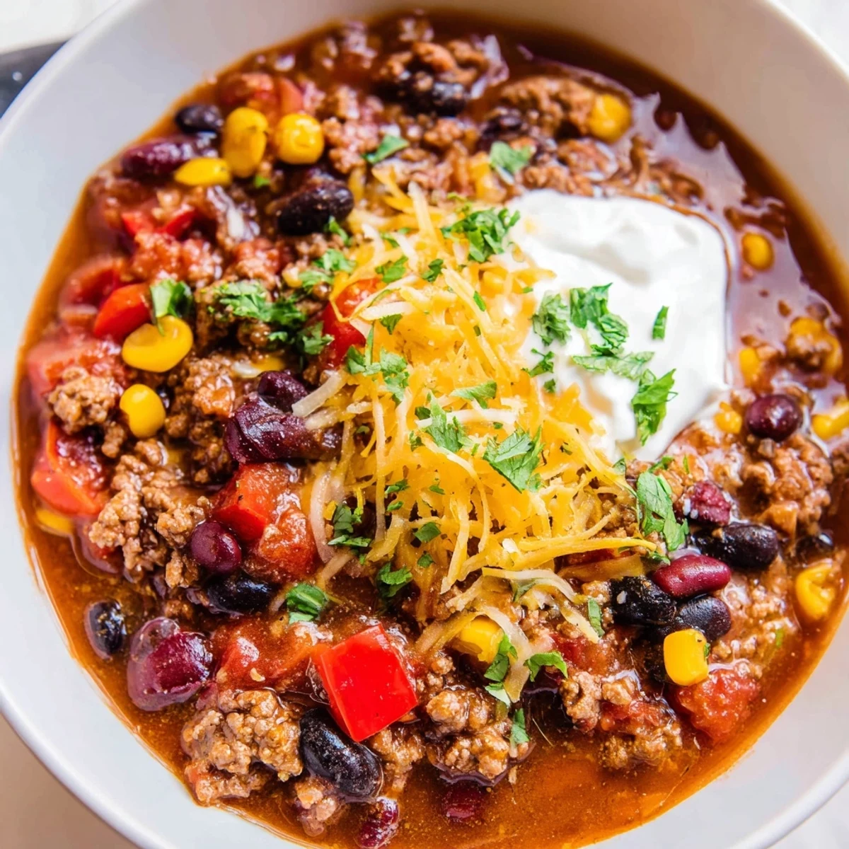 Hearty Crockpot Ground Beef Taco Soup brimming with beans, corn, and rich tomato broth