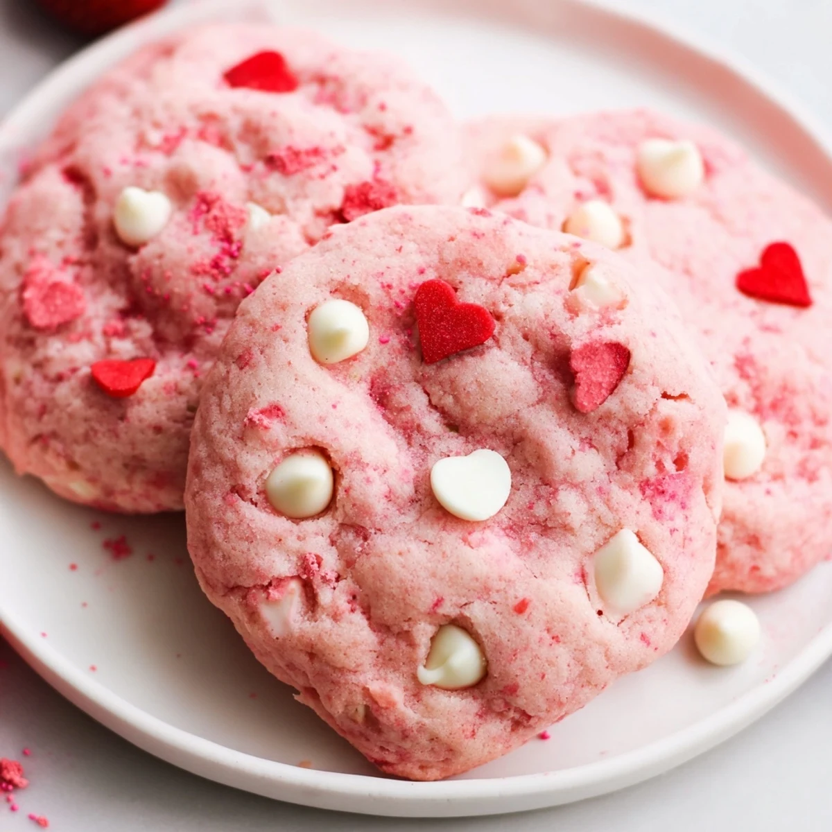 Soft pink Valentine strawberry cookies with white chocolate chips arranged on a rustic baking sheet
