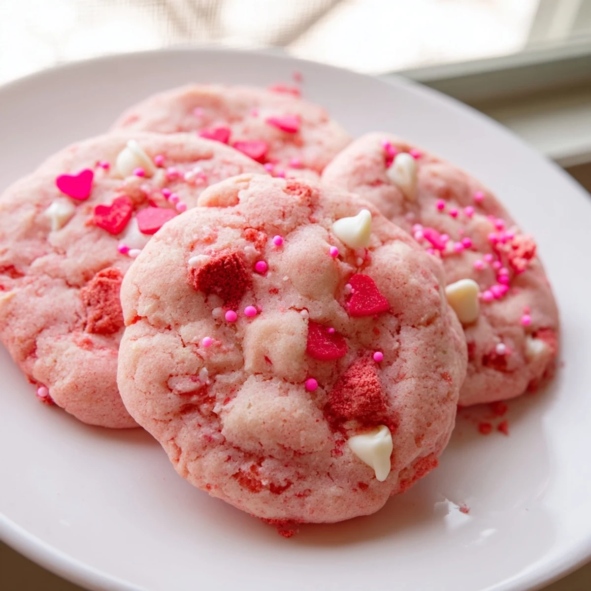 Chewy Valentine strawberry cookies studded with melted white chocolate and fresh strawberry pieces