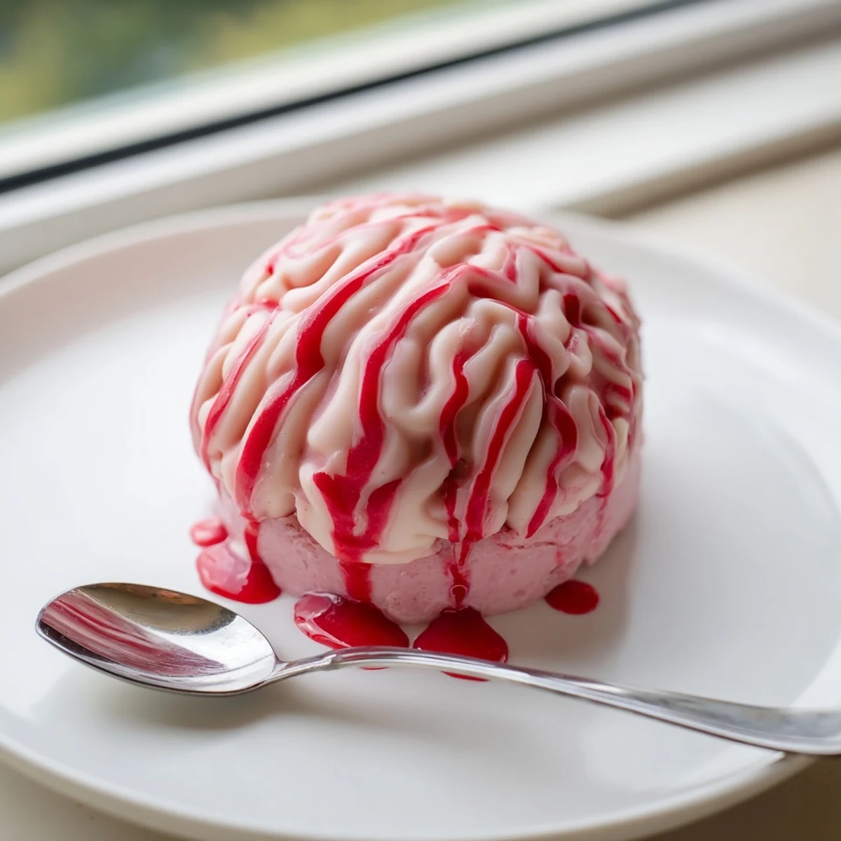 Creepy no bake strawberry cheesecake brain with pink chocolate folds and red coulis drizzle