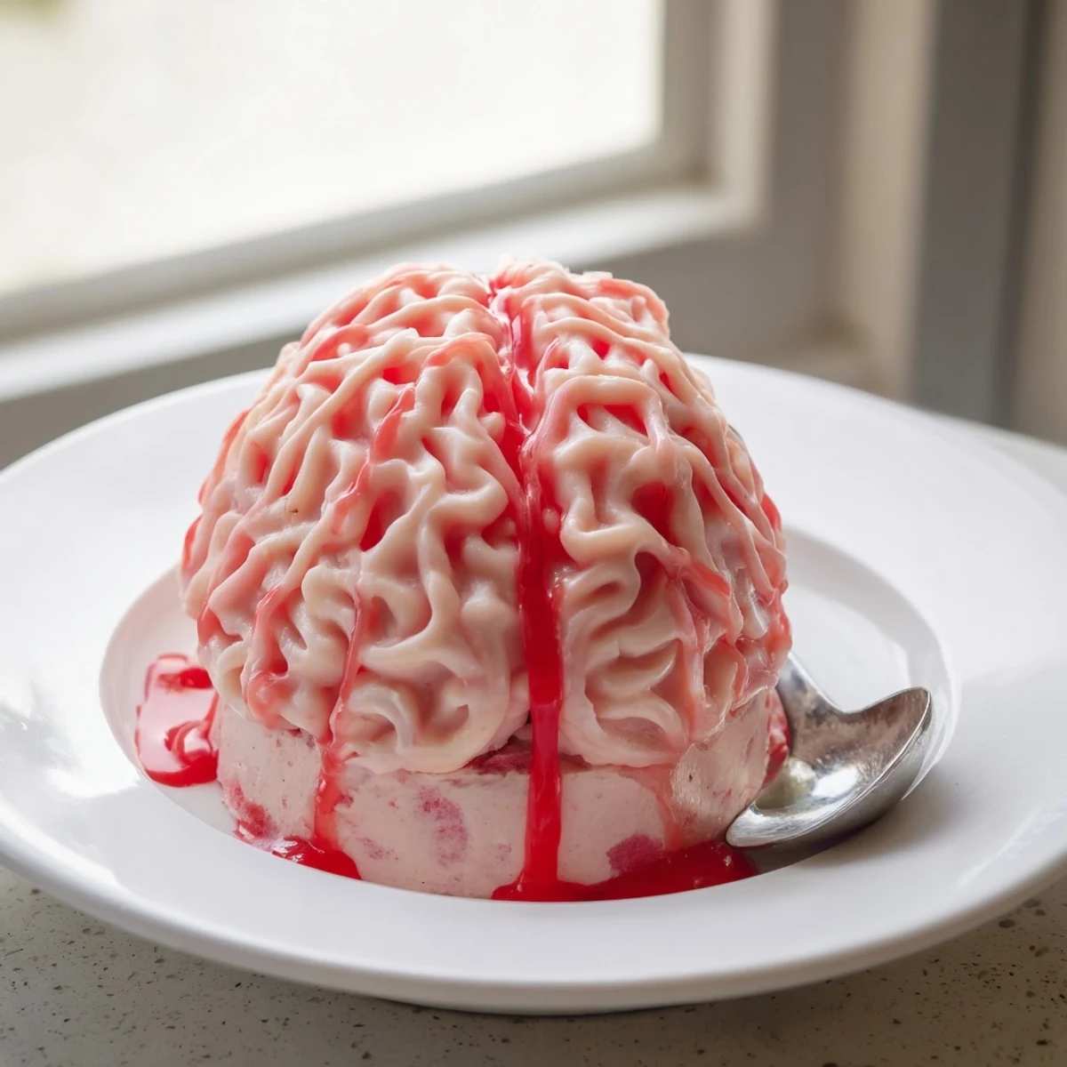 No bake strawberry cheesecake brain sitting on a graham cracker crust with gory berry sauce