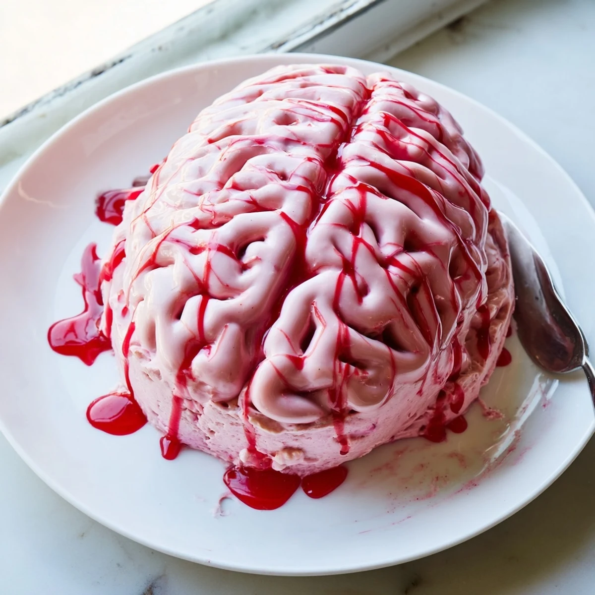 Spooky no bake strawberry cheesecake brain decorated with swirled white chocolate grooves on a plate