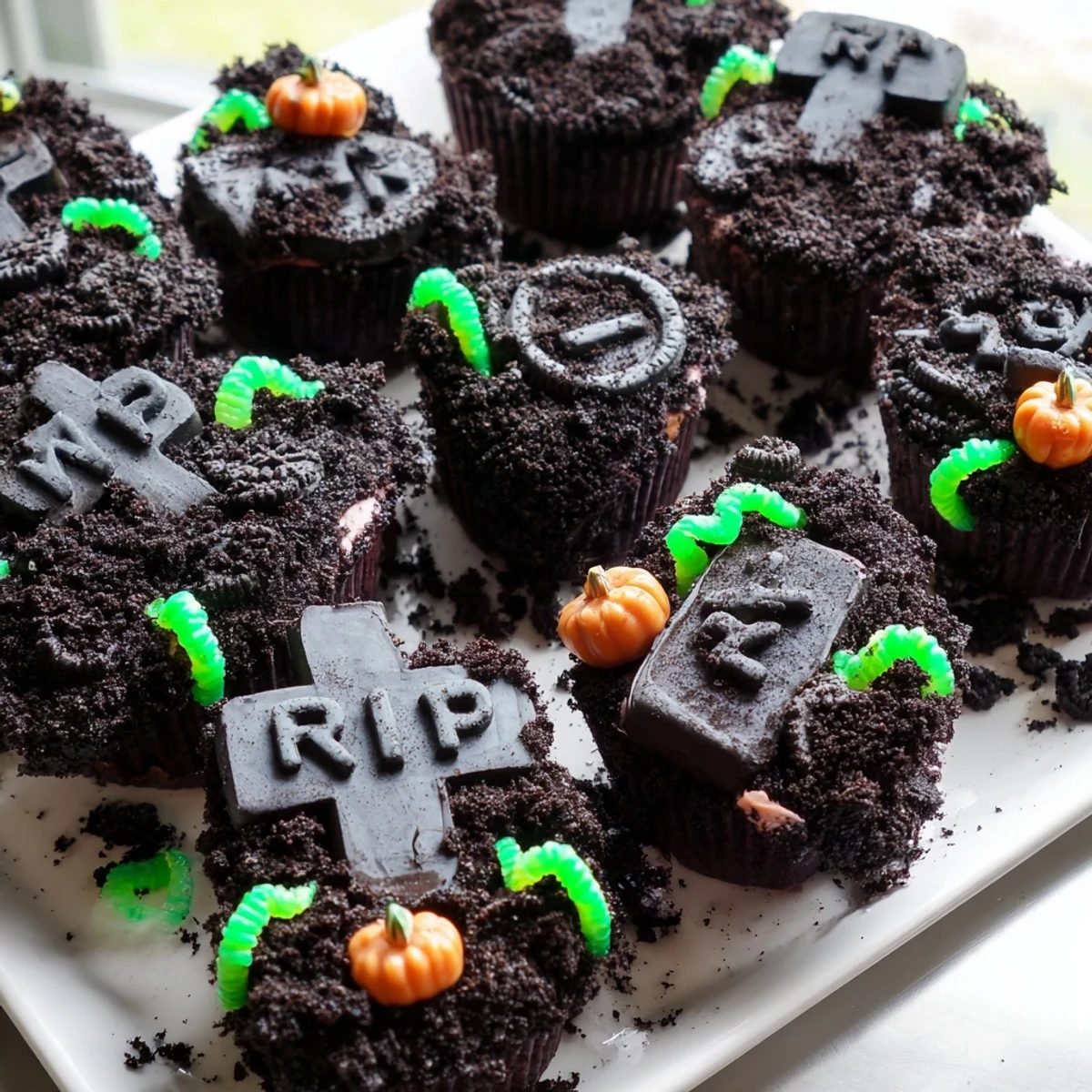 Pull Apart Graveyard Cupcakes topped with chocolate frosting and spooky cookie tombstones on a tray