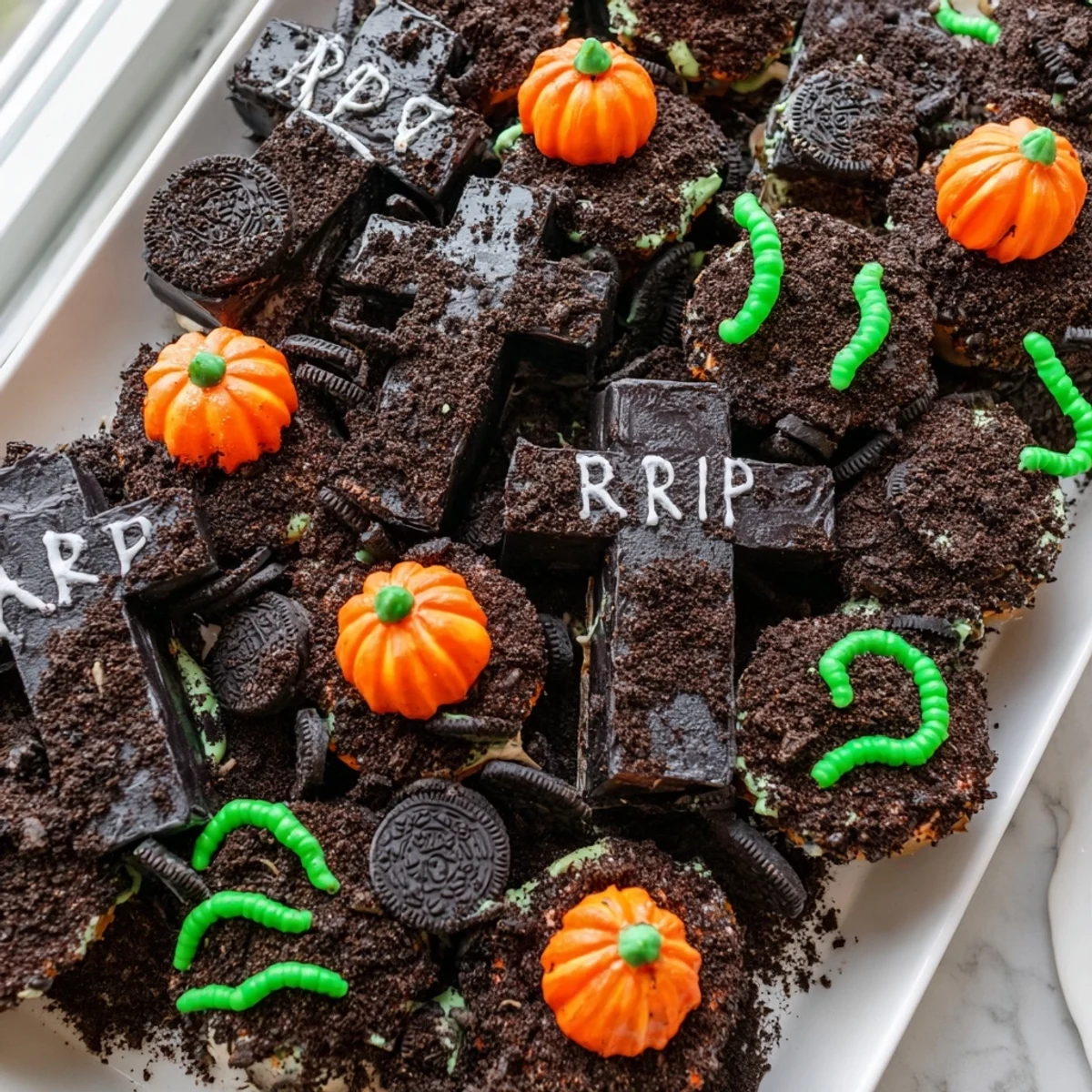 Crushed cookie dirt and gummy worms decorate these Pull Apart Graveyard Cupcakes for Halloween