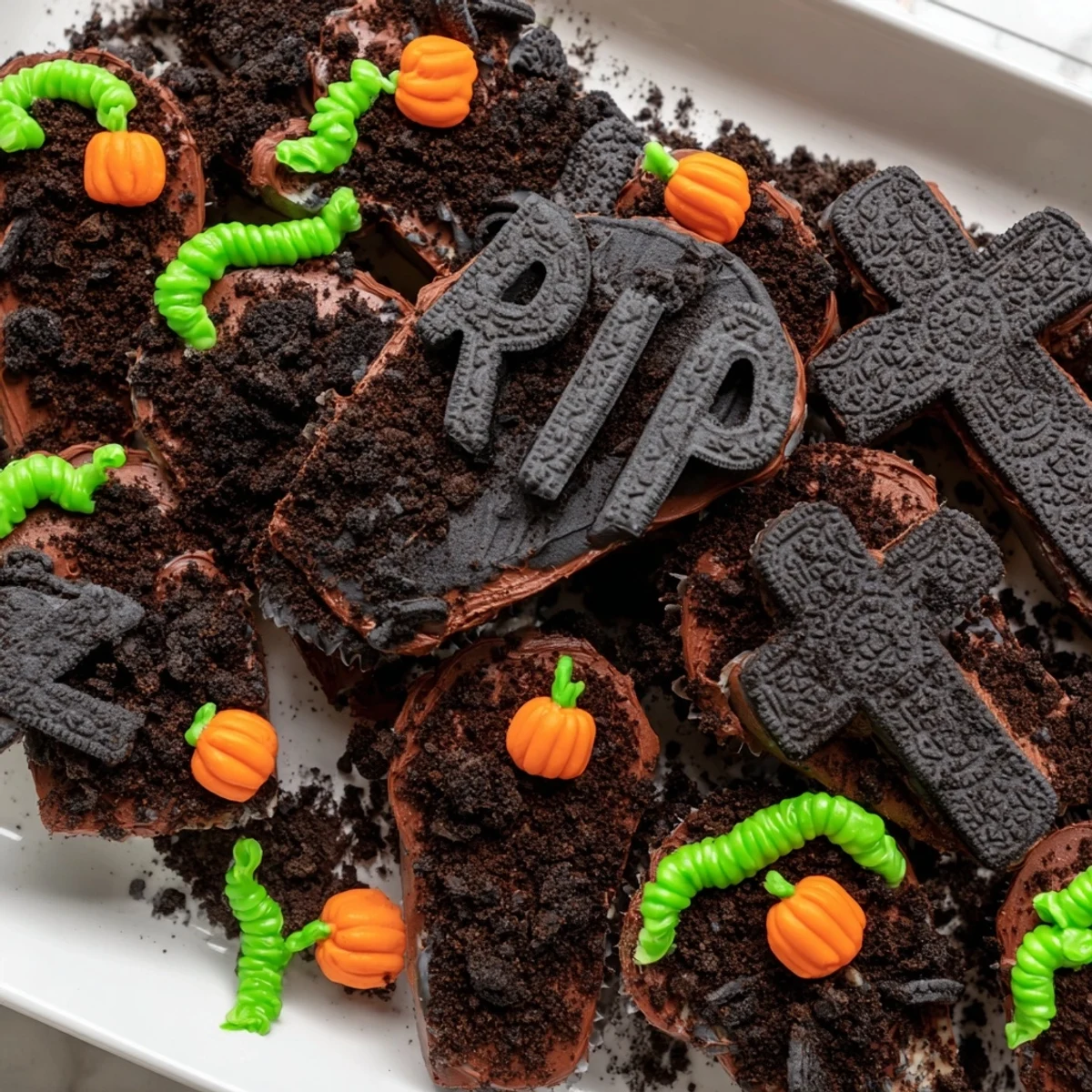 Pull Apart Graveyard Cupcakes arranged together with frosted surfaces and candy pumpkins for a party