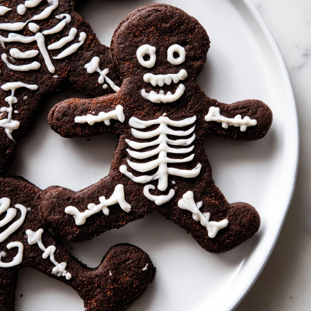 Dark chocolate cinnamon skeleton cookies with white royal icing on a parchment-lined baking sheet