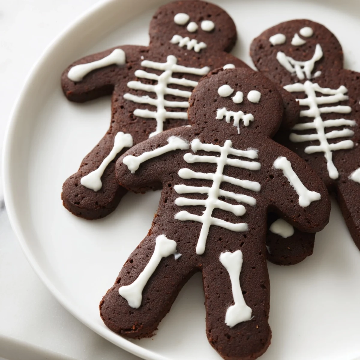 Chocolate cinnamon skeleton cookies decorated with intricate icing bones ready for a Halloween party