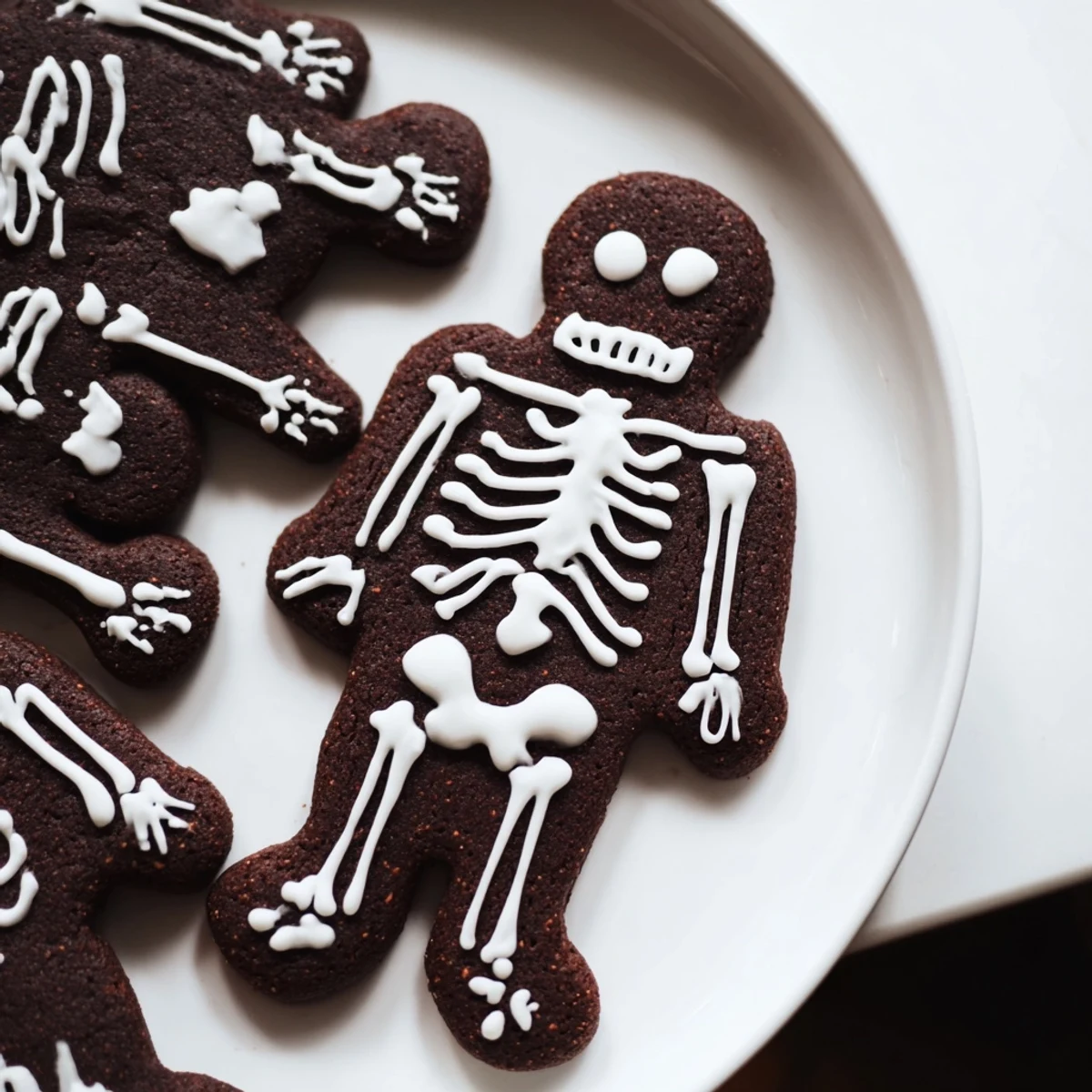 Spooky chocolate cinnamon skeleton cookies arranged on a wire rack with detailed royal icing designs