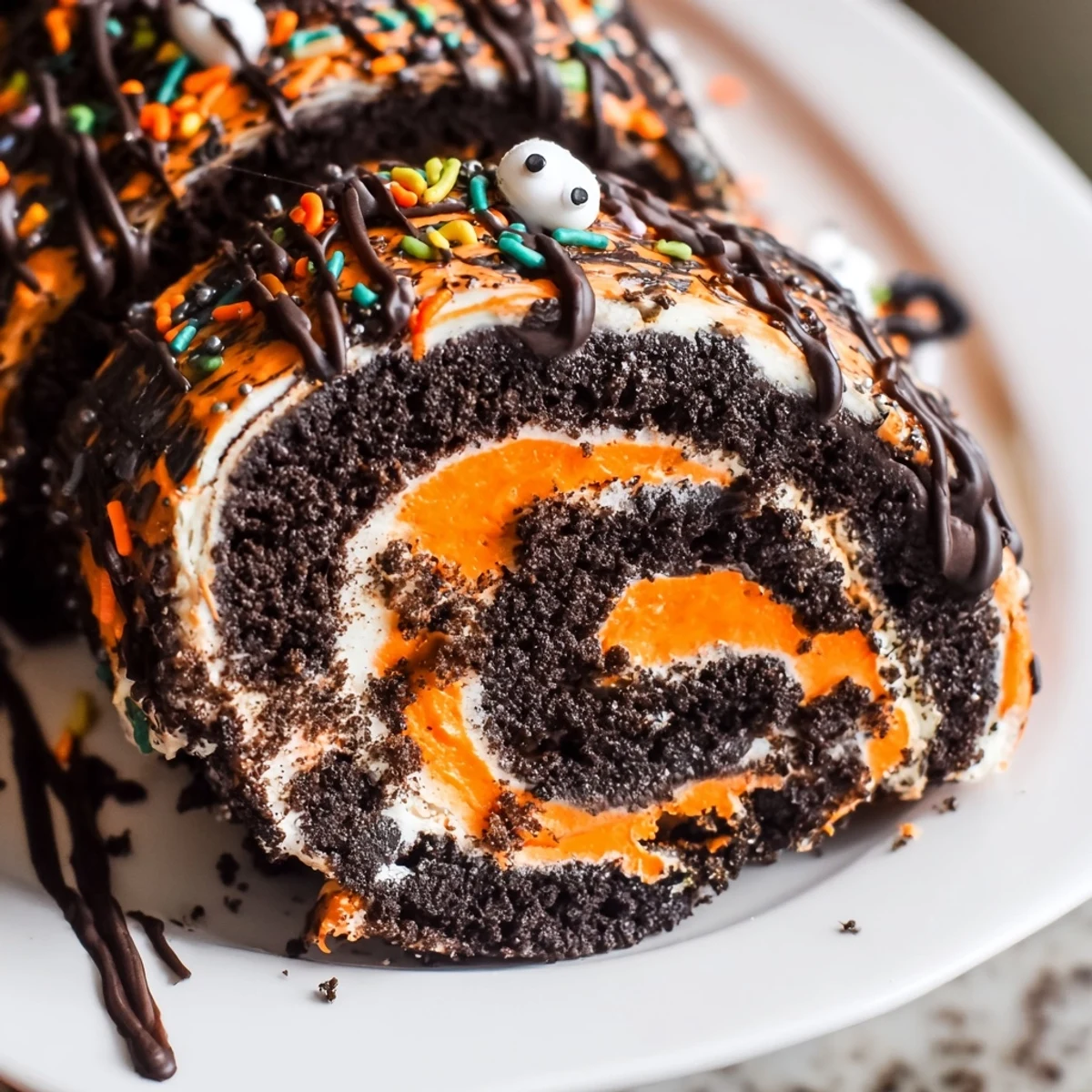 Creamy Halloween Oreo Roll sliced and drizzled with chocolate on a festive platter