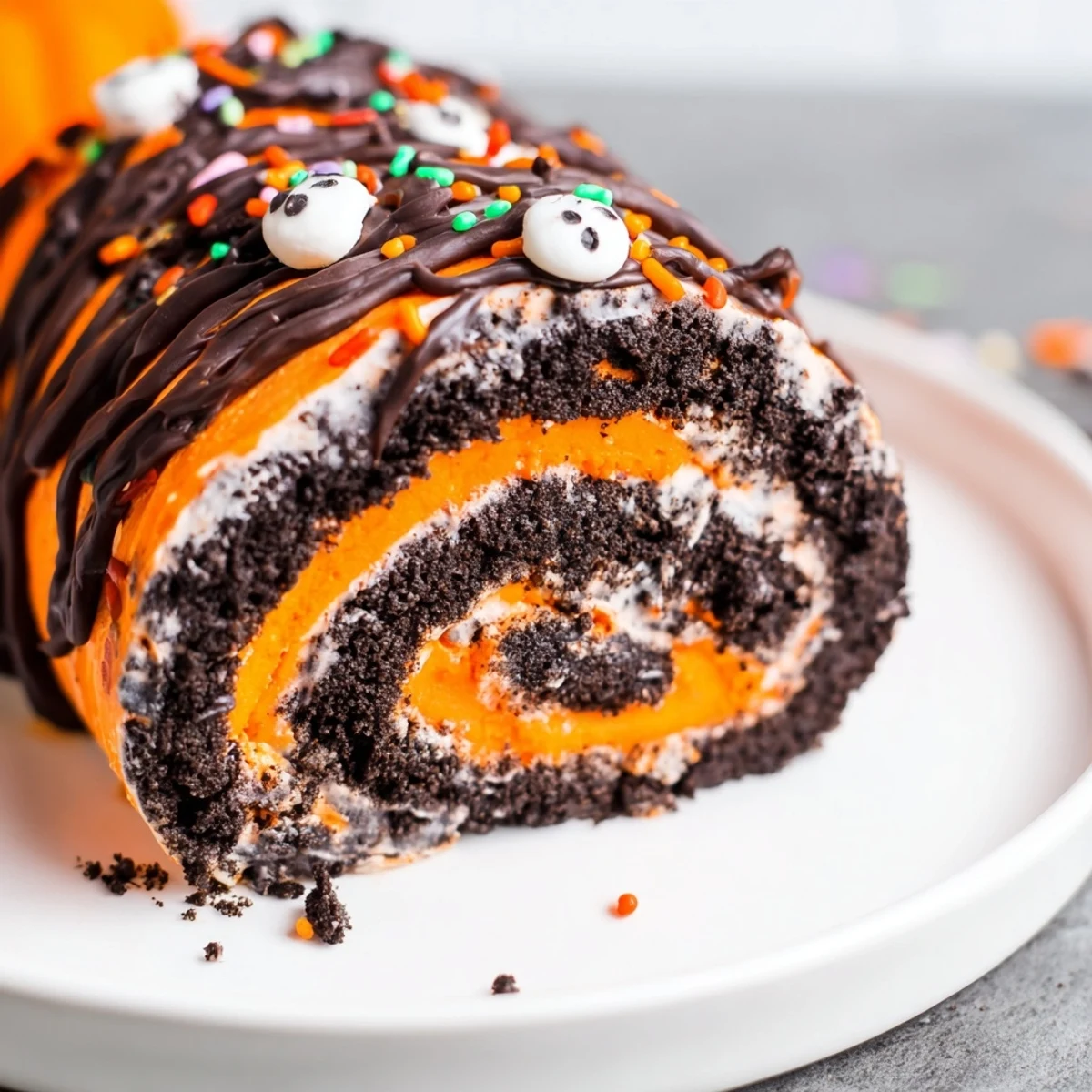 Colorful Halloween Oreo Roll topped with candy eyes and spooky Halloween sprinkles