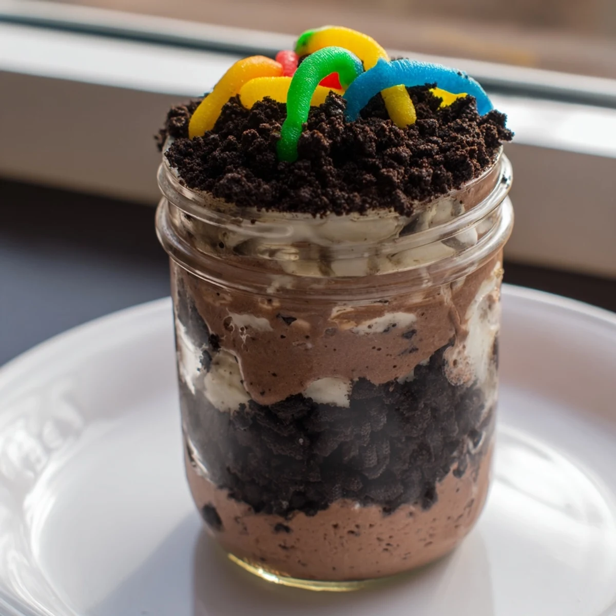Creamy dirt pudding layered with crushed cookies and playful gummy worms in individual cups