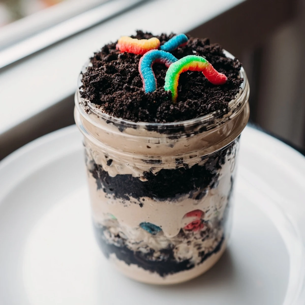 Chocolate dirt pudding dessert with cookie crumb layers topped with colorful gummy worms