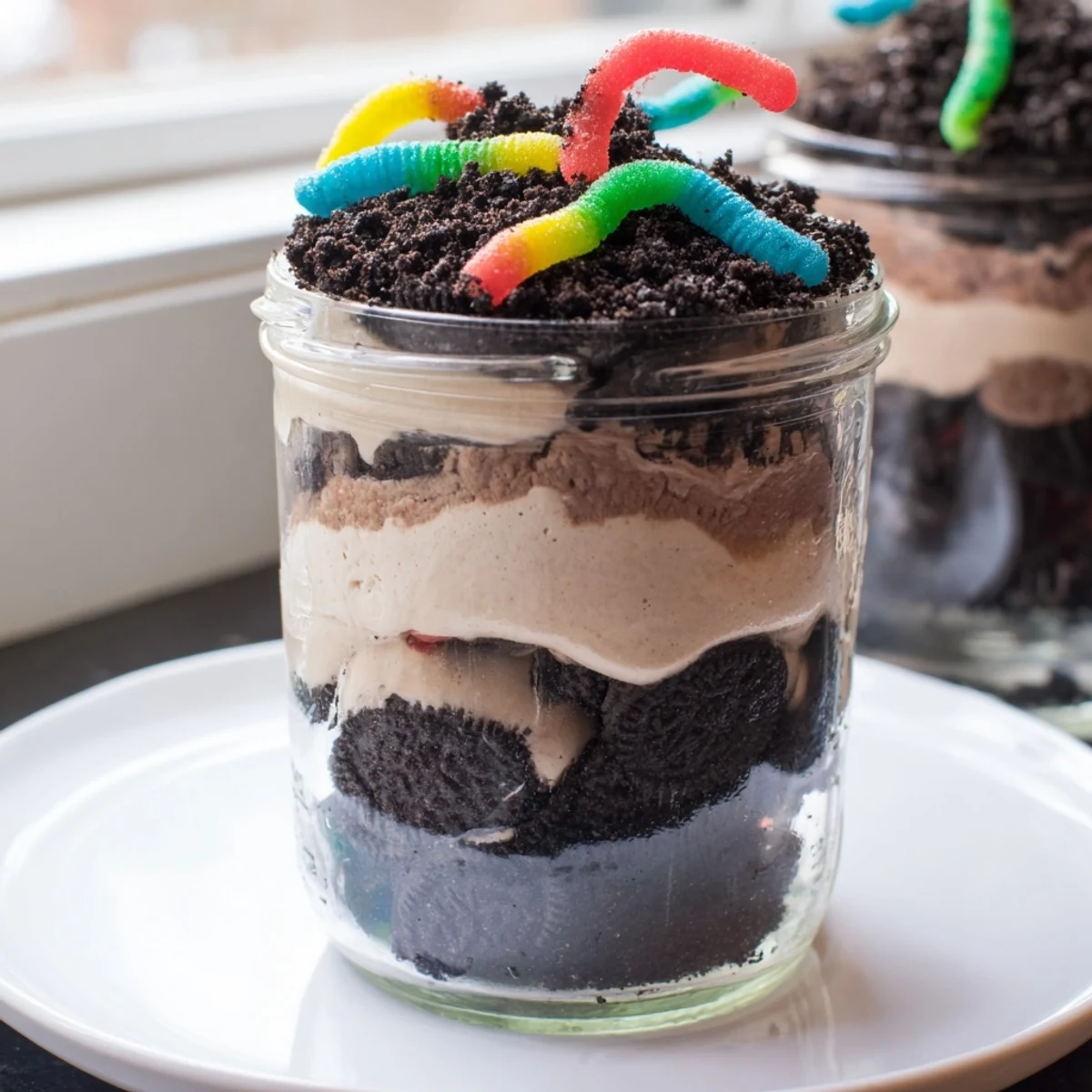 Whimsical dirt pudding in clear jars showing rich chocolate and cookie layers for parties