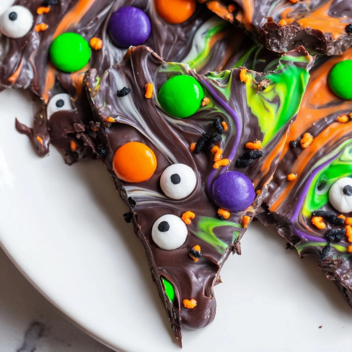 Swirled Melting Witches Bark topped with candy eyes and colorful Halloween sprinkles