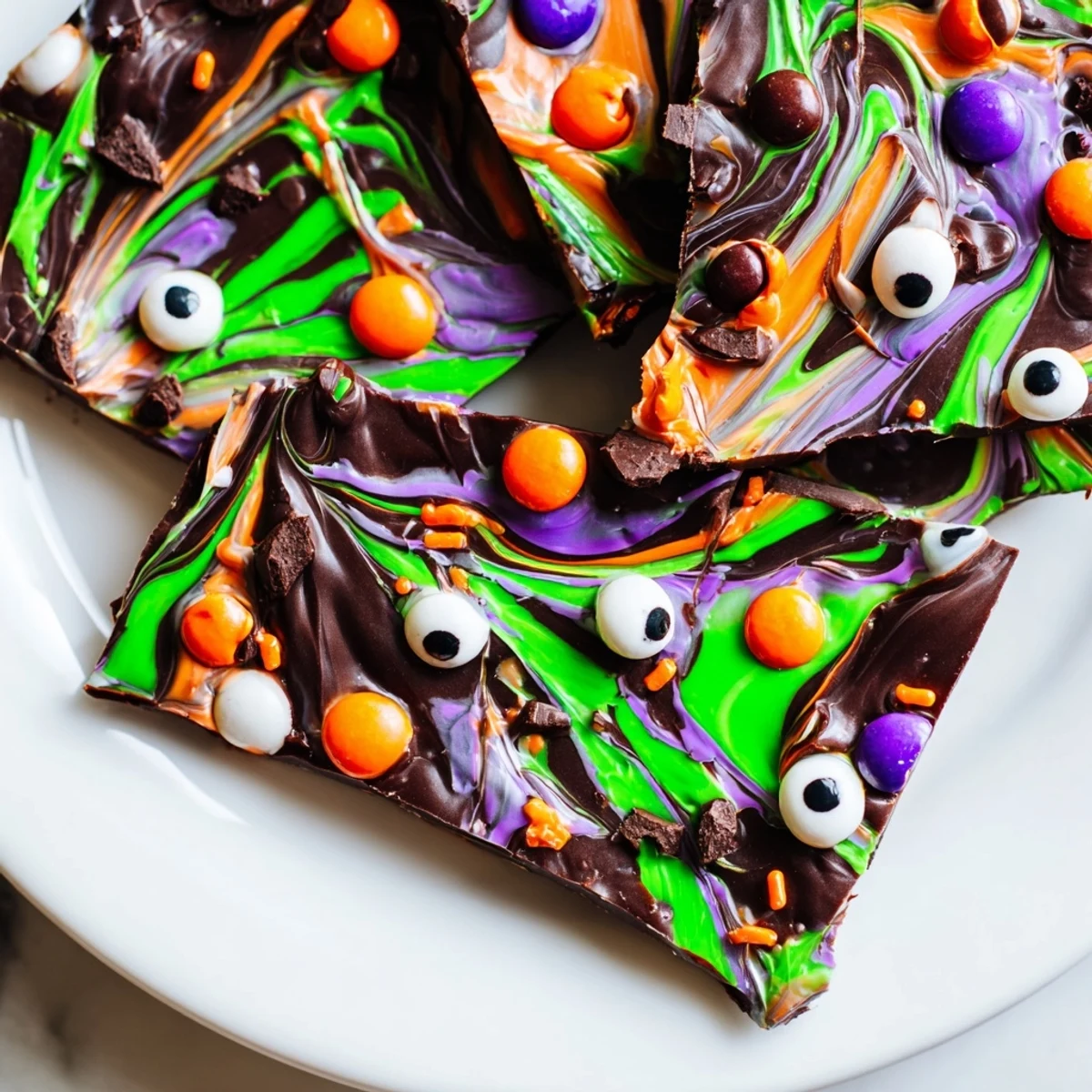 Melting Witches Bark with marbled green and purple chocolate on a parchment sheet