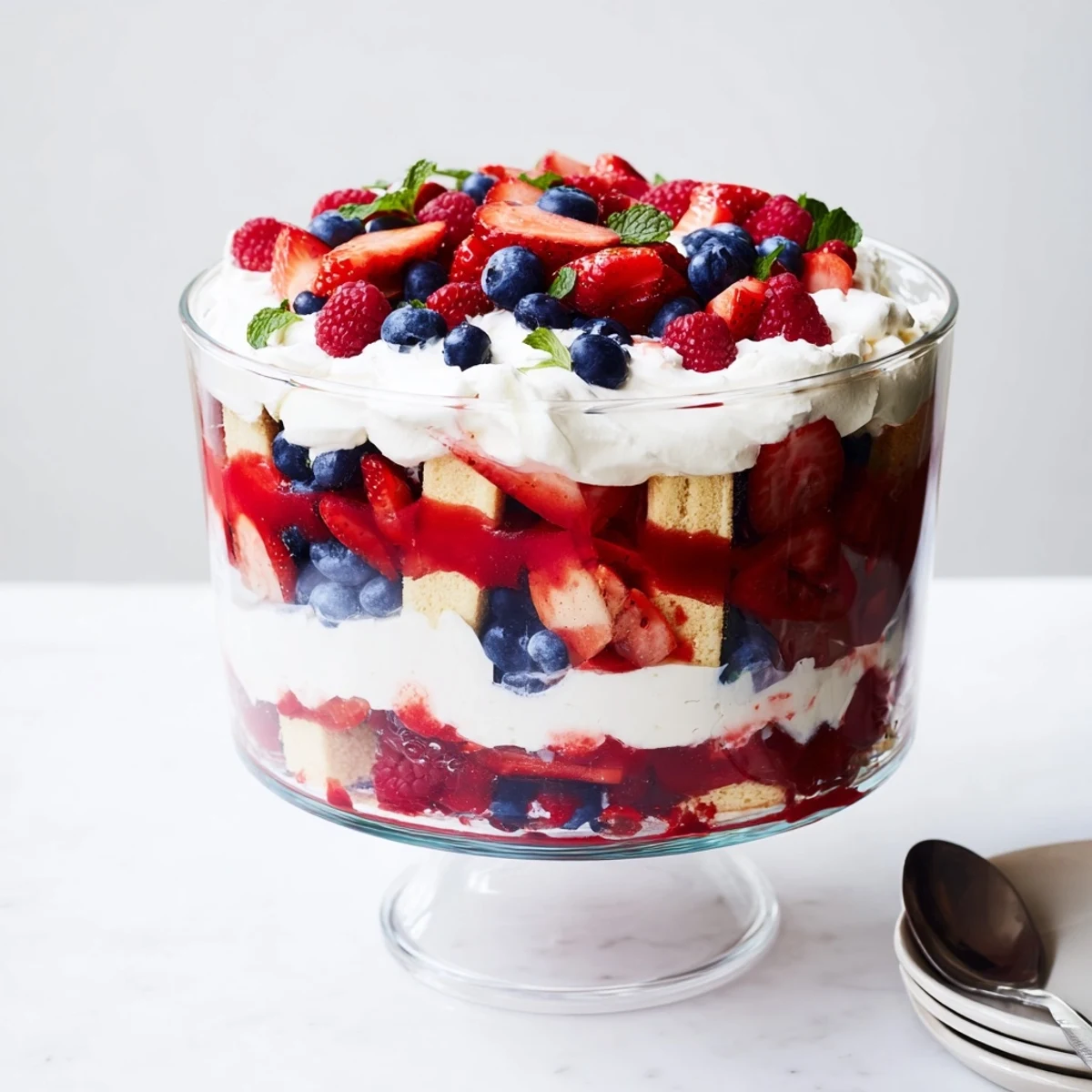 Creamy Red White Blue Mixed Berry Yum Yum layered with fresh summer berries