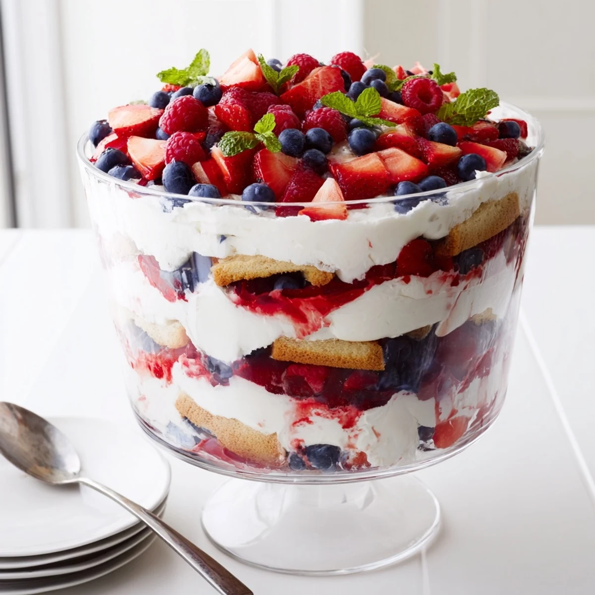 Red White Blue Mixed Berry Yum Yum in a glass trifle bowl