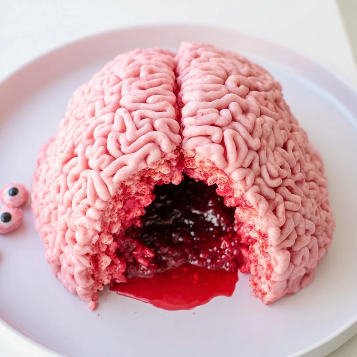 A pink Spooky Stuffed Crispy Rice Cereal Brain oozing bright red berry jam when sliced open on a dark Halloween party platter