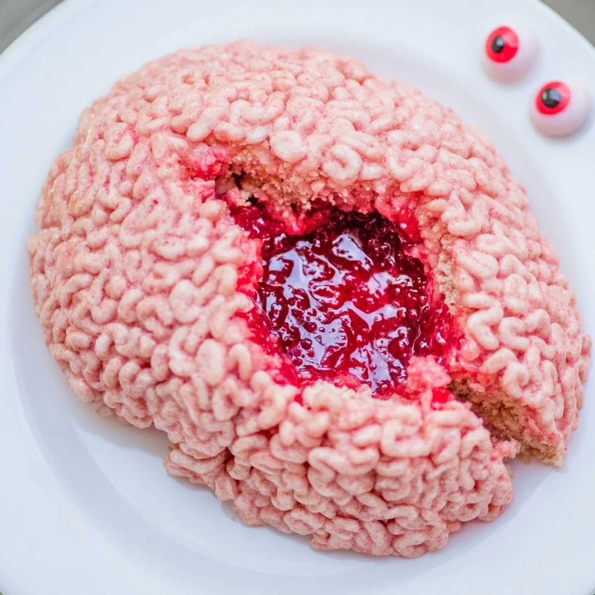 Close-up of a Spooky Stuffed Crispy Rice Cereal Brain with textured ridges and a gooey raspberry center spilling out