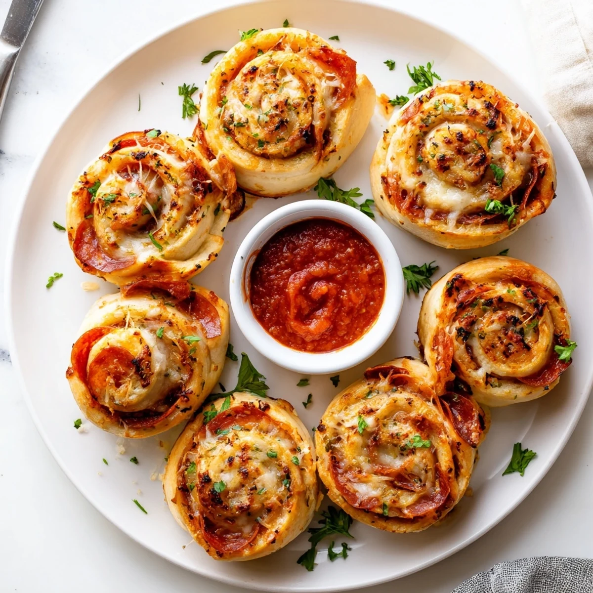 Warm pepperoni pizza roll breadsticks served with marinara sauce for gameday dipping
