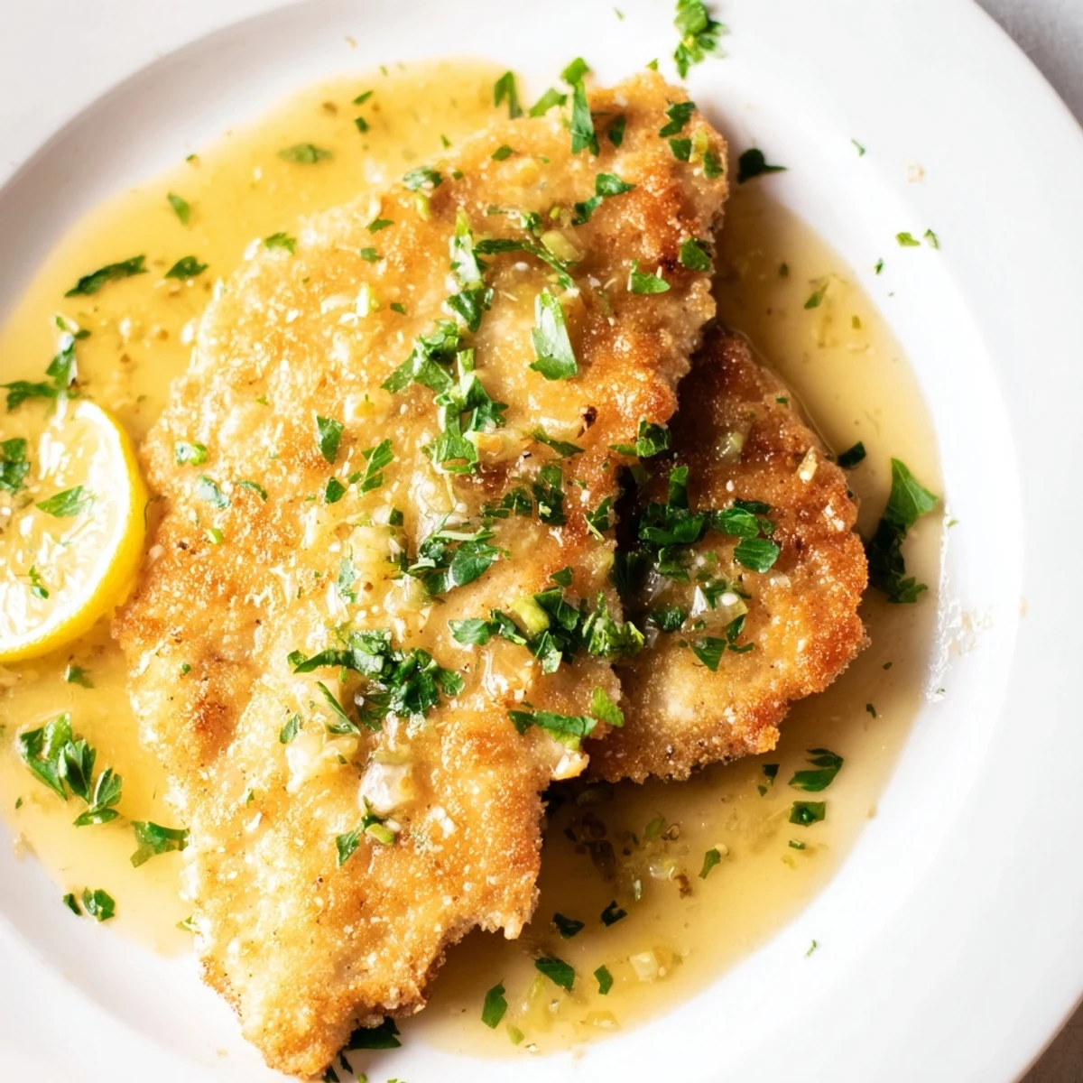 Golden pan-seared lemon garlic butter chicken draped in a glossy citrus sauce