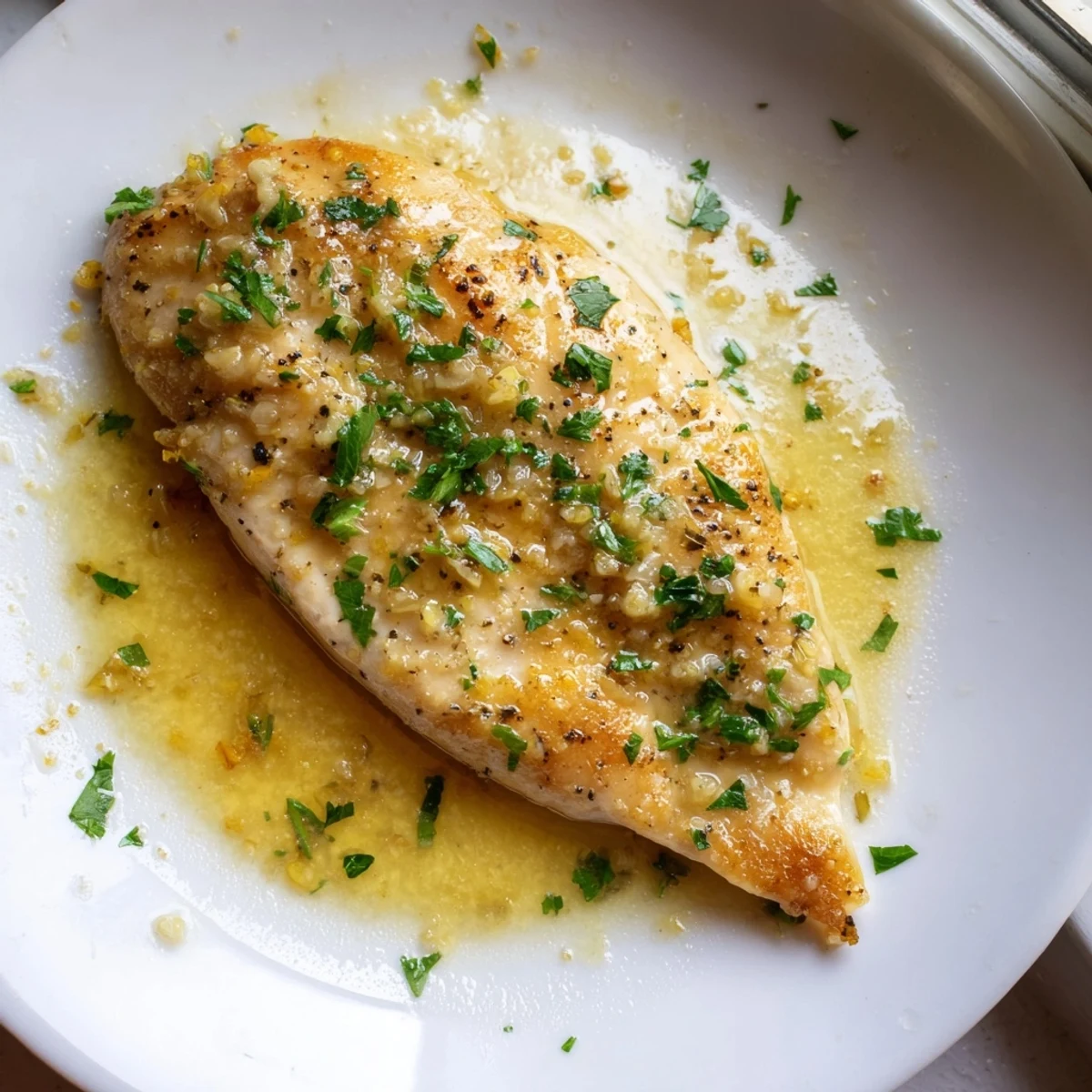 Tender lemon garlic butter chicken garnished with fresh parsley over steamed rice