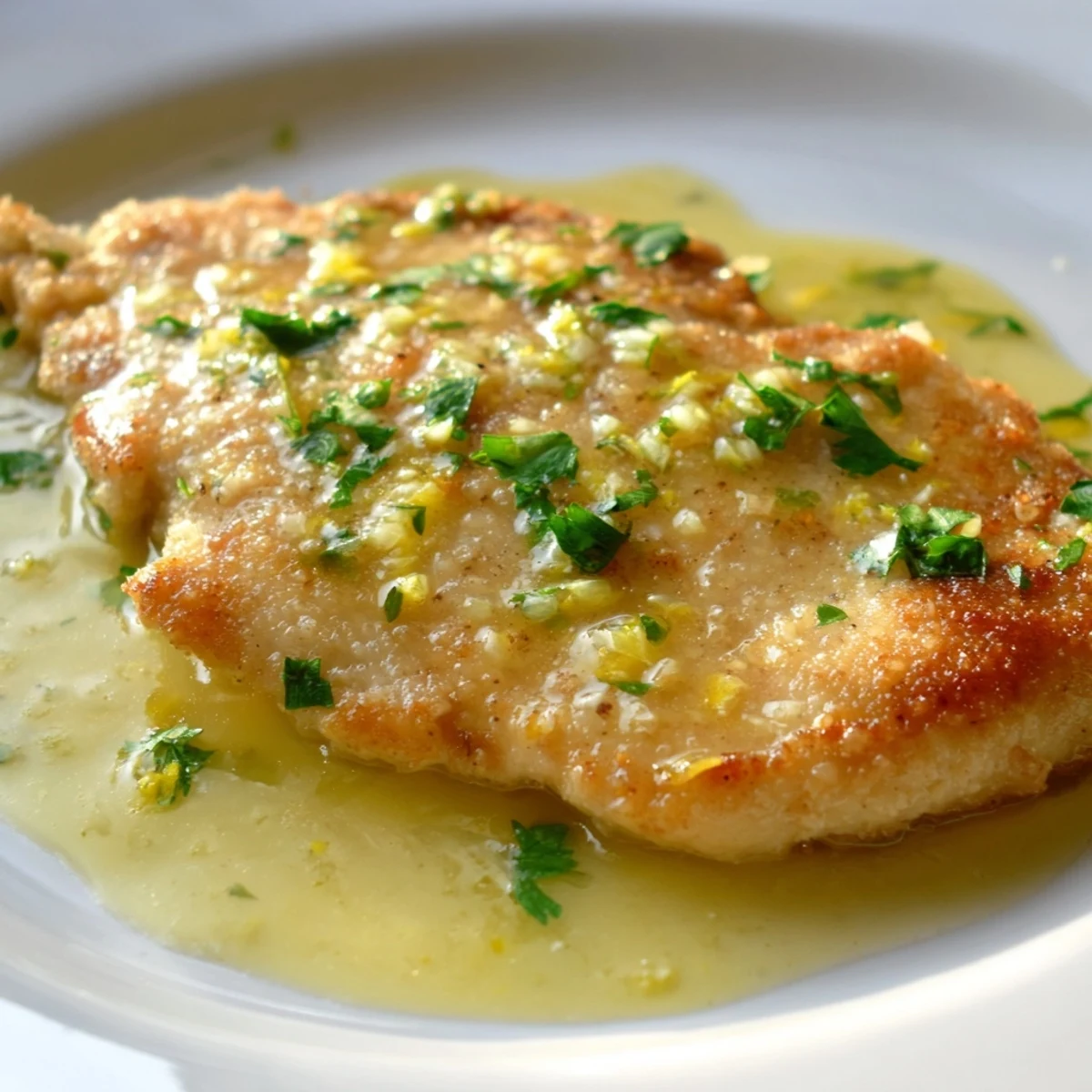 Crispy-skinned lemon garlic butter chicken swimming in a rich garlic lemon pan sauce