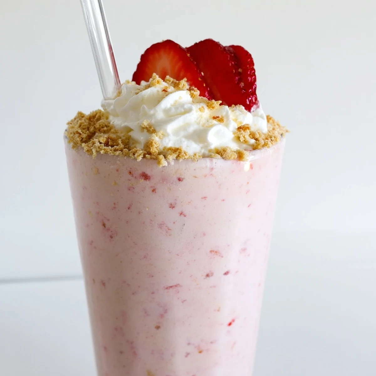 Tall glass of pink strawberry cheesecake milkshake topped with whipped cream and graham cracker crumbs