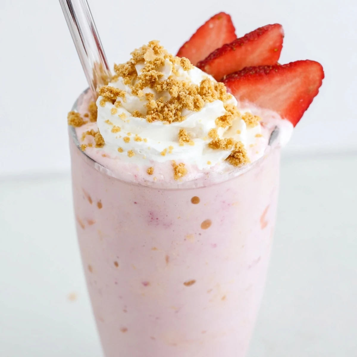 Creamy strawberry cheesecake milkshake drizzled with sliced strawberries in a chilled glass with a straw