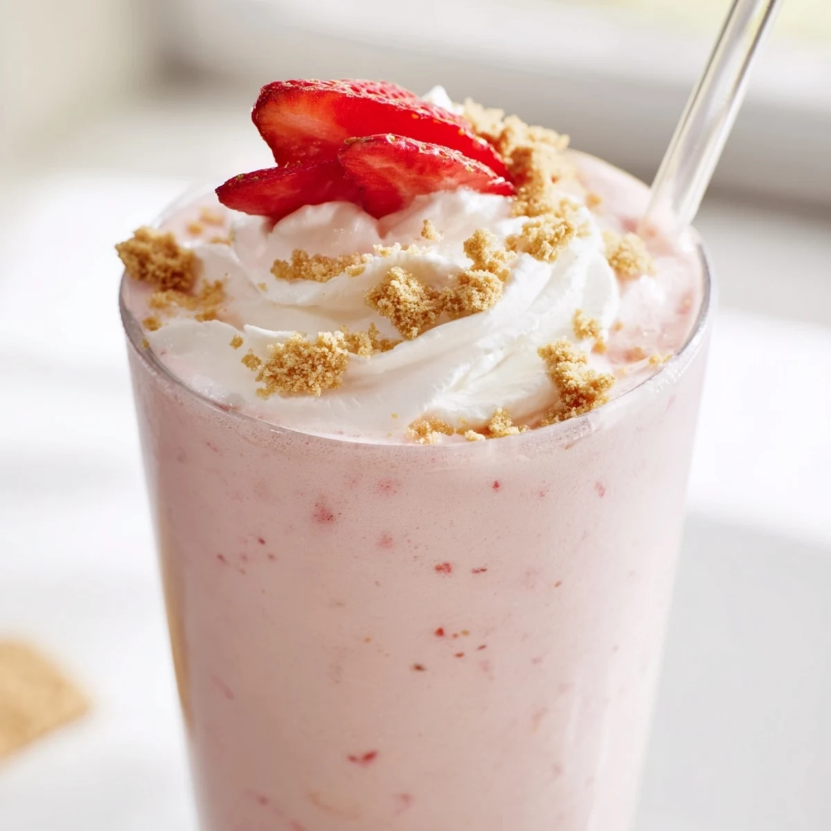 Thick strawberry cheesecake milkshake garnished with graham cracker crumbles and a fluffy whipped cream swirl