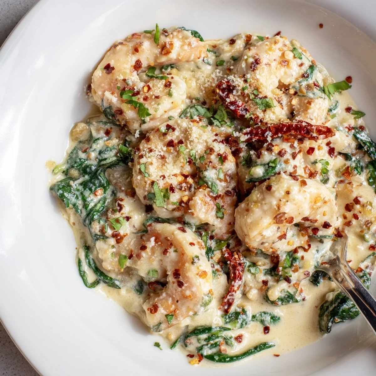 Keto creamy Tuscan shrimp plated over zucchini noodles in a rich garlic Parmesan sauce.