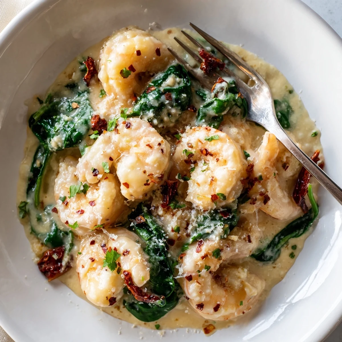 Golden seared shrimp nestled in a sun-dried tomato and spinach cream sauce with fresh parsley.