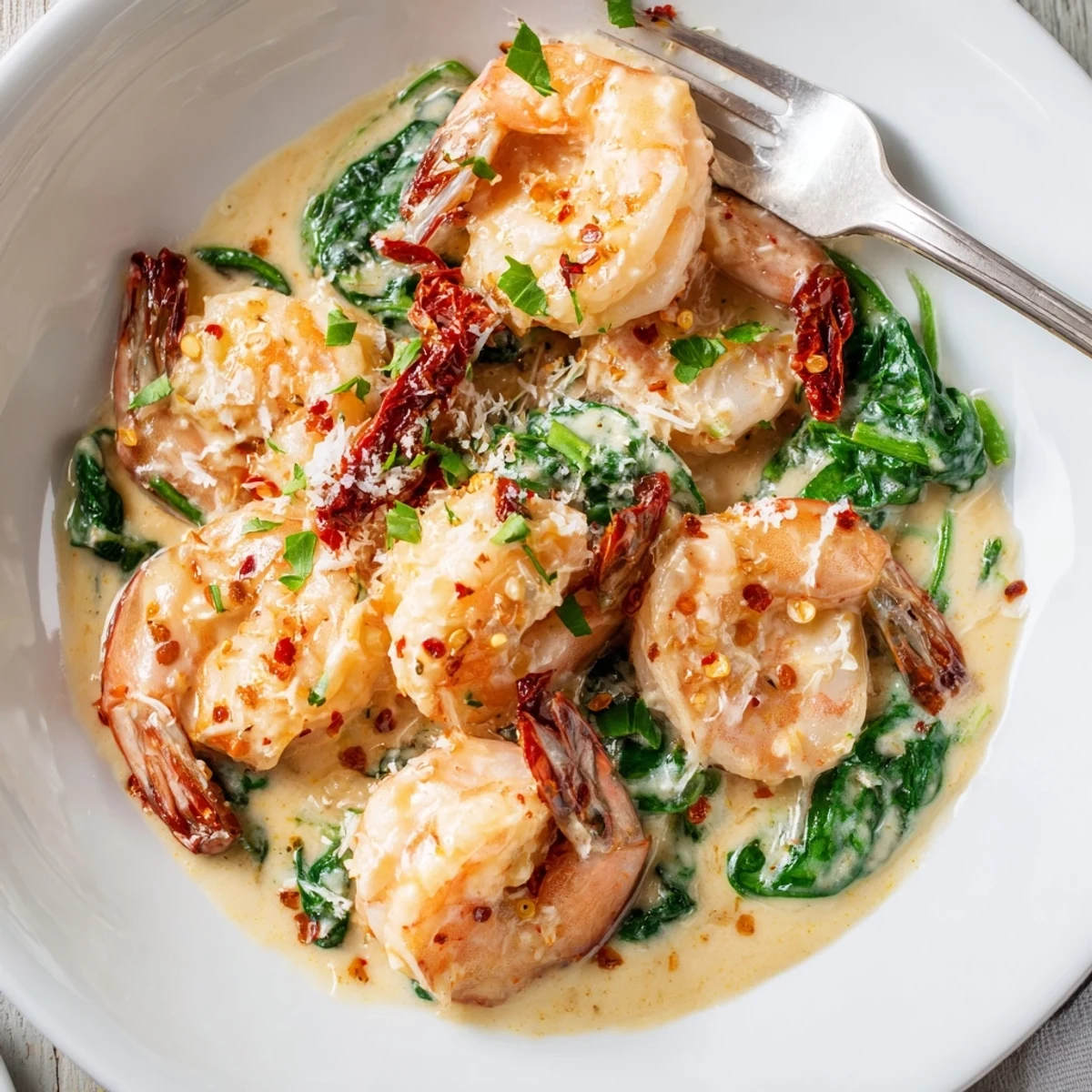 Plump pink shrimp in a cheesy Tuscan cream sauce garnished with parsley and red pepper flakes.