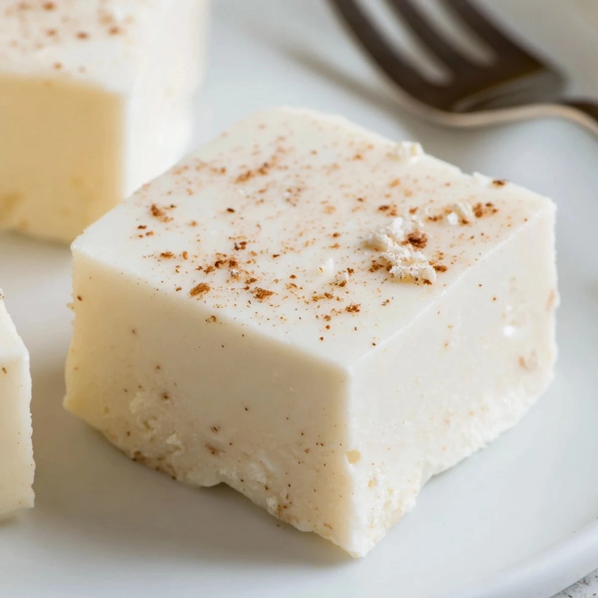 Creamy Eggnog Fudge cut into squares, dusted with freshly grated nutmeg