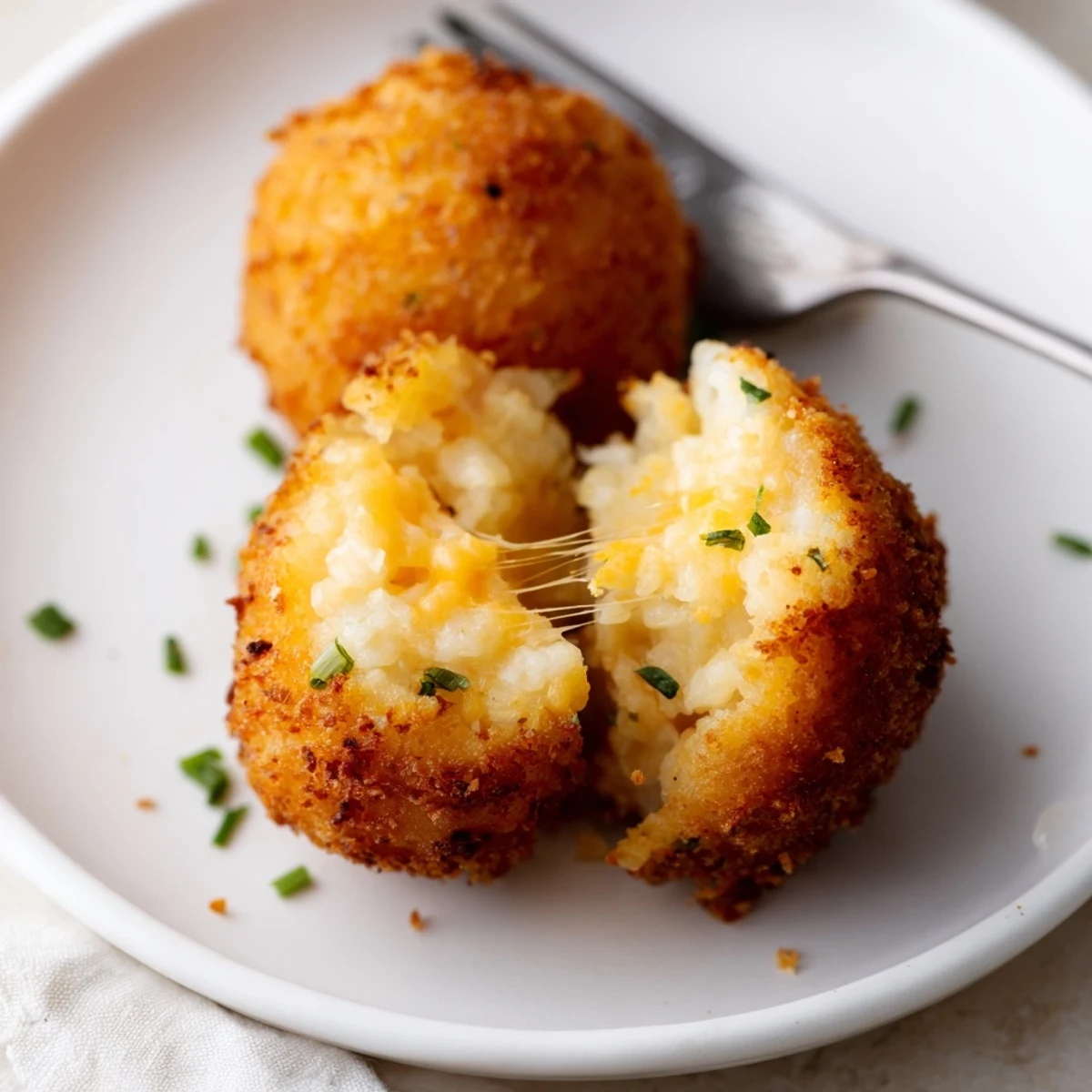 Golden, crispy Fried Mashed Potato Balls resting on paper towels, steam rising
