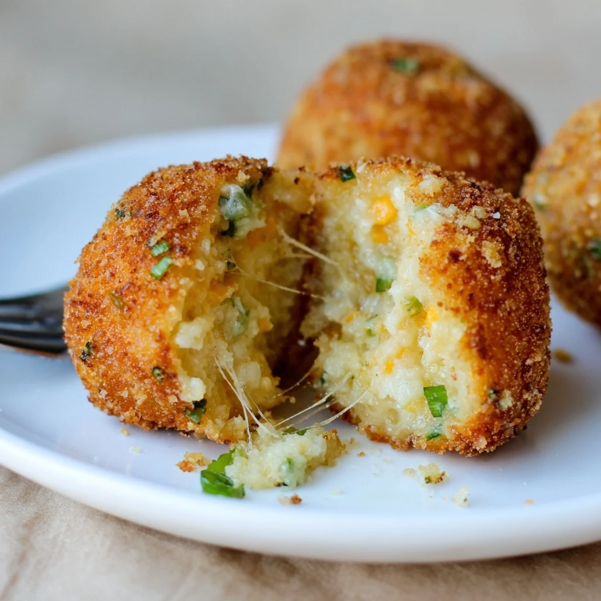 Handheld Fried Mashed Potato Balls, crunchy panko crust, warm cheesy interior