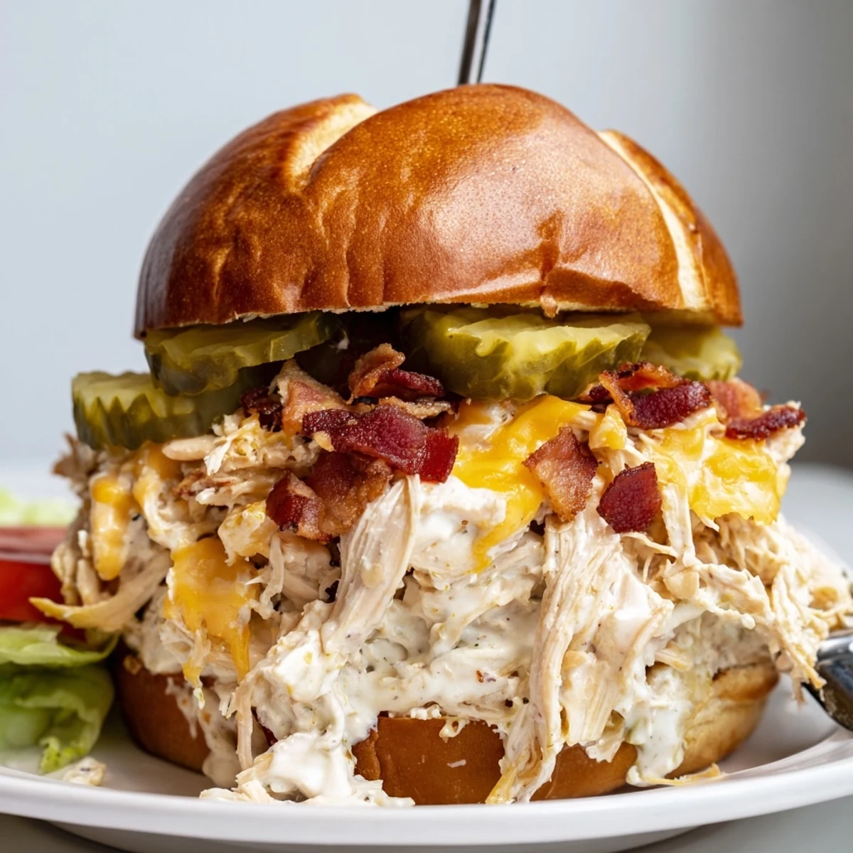 Warm Crack Chicken Sandwiches piled with melty cheddar, crispy bacon, and pickles