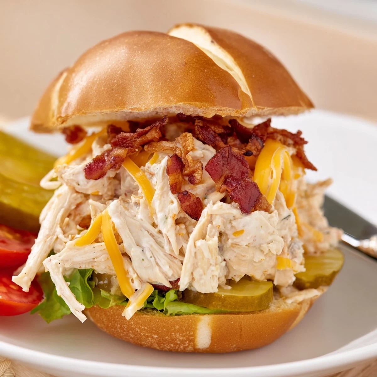 Party-ready Crack Chicken Sandwiches stacked on platter, smoky bacon and fresh lettuce