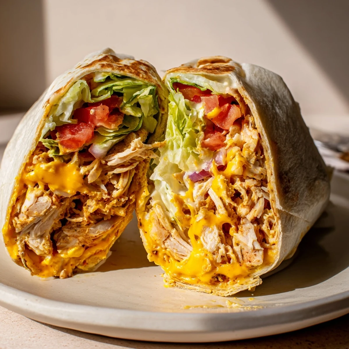 Cheesy Garlic Chicken Wraps steaming on a plate, melted cheese stretching  