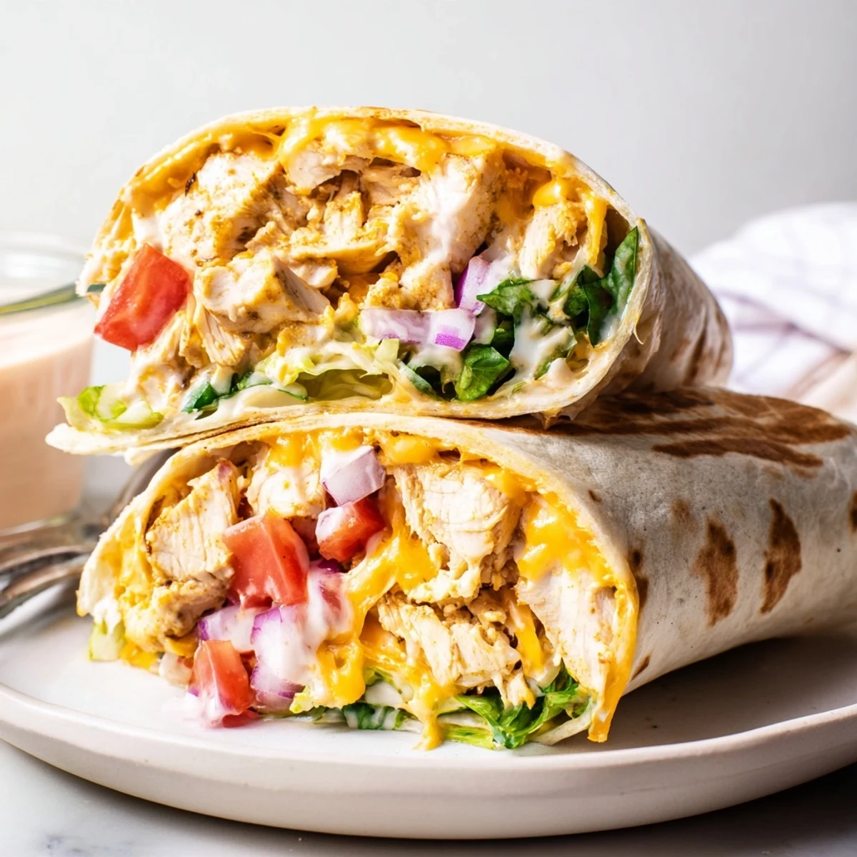 Warm Cheesy Garlic Wraps sliced in half, crisp tortilla and juicy chicken  